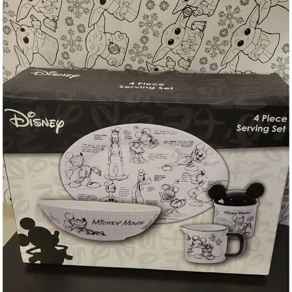 Disney Mickey Mouse Sketchbook 4 Piece Serving Set Platter Bowl Creamer Sugar