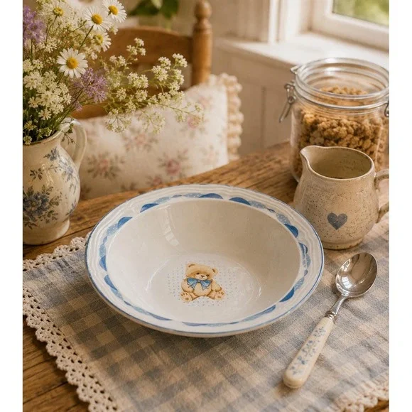 Vintage Tienshan Teddy Bear Bowl Blue Hearts Children's Cereal Soup Bowl