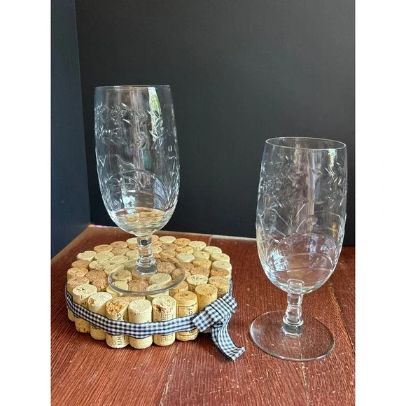 Rock Sharpe Baden Iced Tea Glasses Set of 2 Etched Floral Crystal 7 Inch Vintage