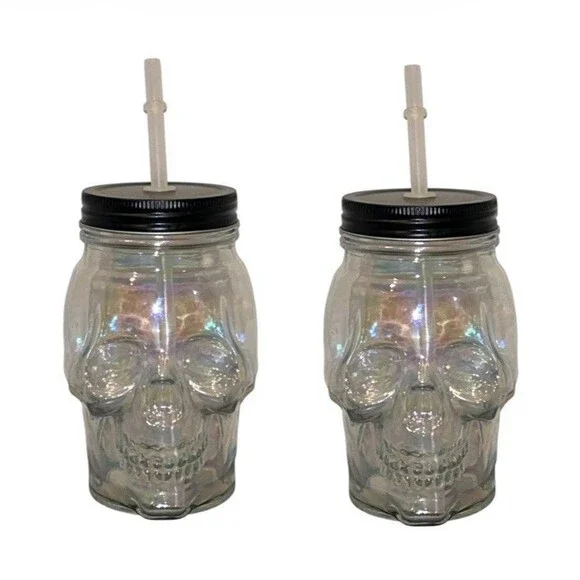 2x Halloween Skull Iridescent Glass Mason Jar Cup with Lid and Straw