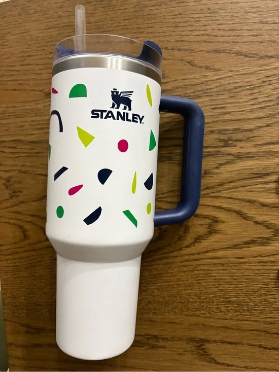 Stanley White Travel Tumbler with Navy Handle and Multicolor Confetti