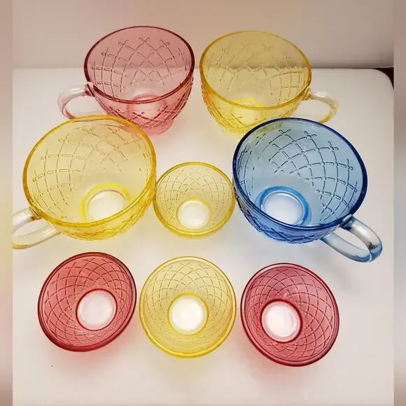 Lot of 4 decorative‎ glass cups 12 oz and 4 small bowls 3 oz multi colored