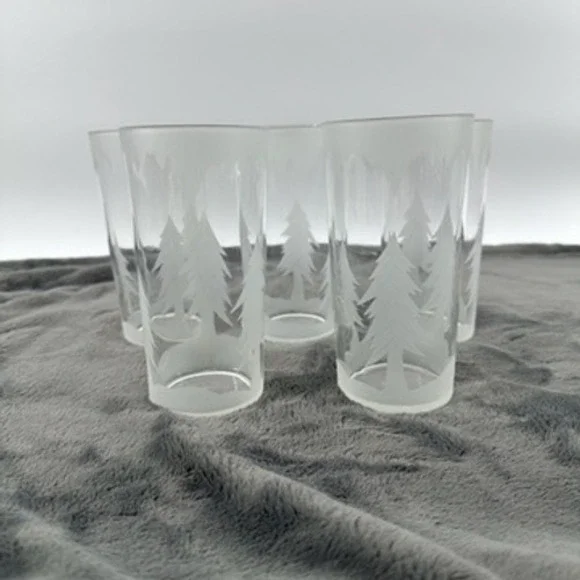 Mid Century Federal Frosted Pine Tree Glasses Set of 5 Highball Glasses Tumblers