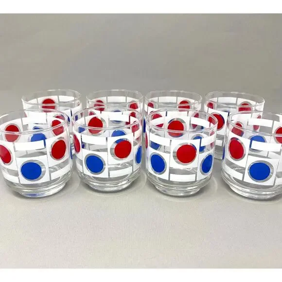 Set of 8 Vintage MCM Libbey Patriotic Red White Blue Dot Pattern Low Ball READ