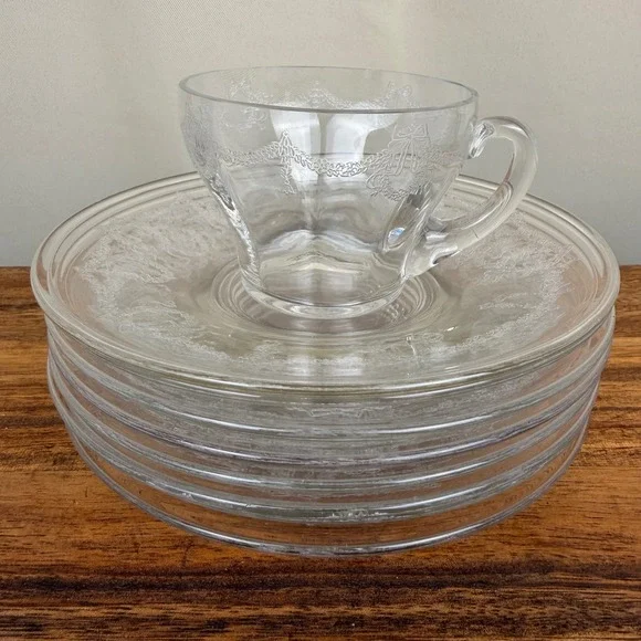 Fostoria Garland Etched Glass Teacup and 8 Saucers Set Clear Vintage Holiday