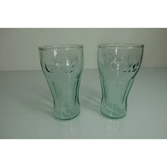 Coca-Cola Coke Set of 2 Vintage Green Contoured Drinking Glasses 4.5 Inches