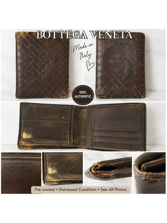 Bottega Veneta Intrecciato Brown Leather Bifold Wallet Distressed