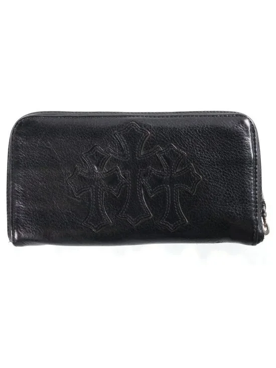Chrome Hearts Rec Zip 3 Cross Round Zip Leather Wallet Black