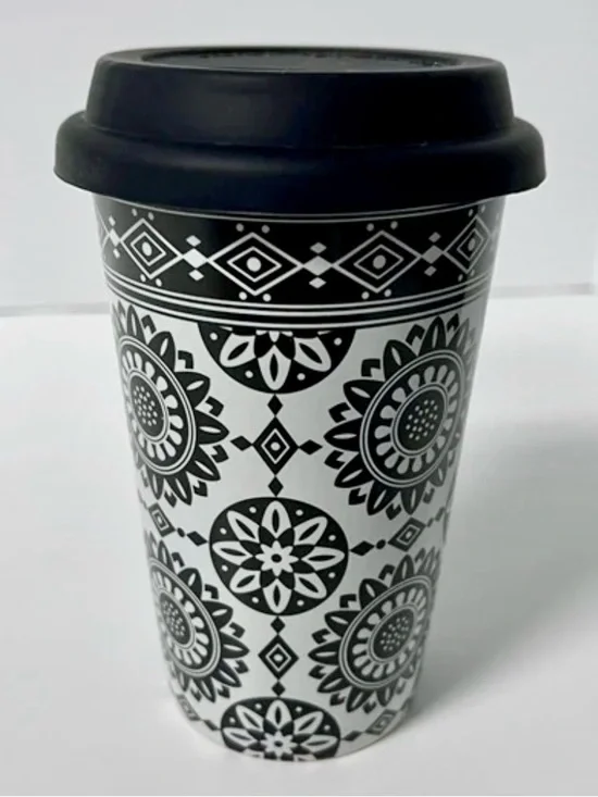Longaberger Black Medallion Ceramic Travel Mug - 10oz Double-Walled Insulated