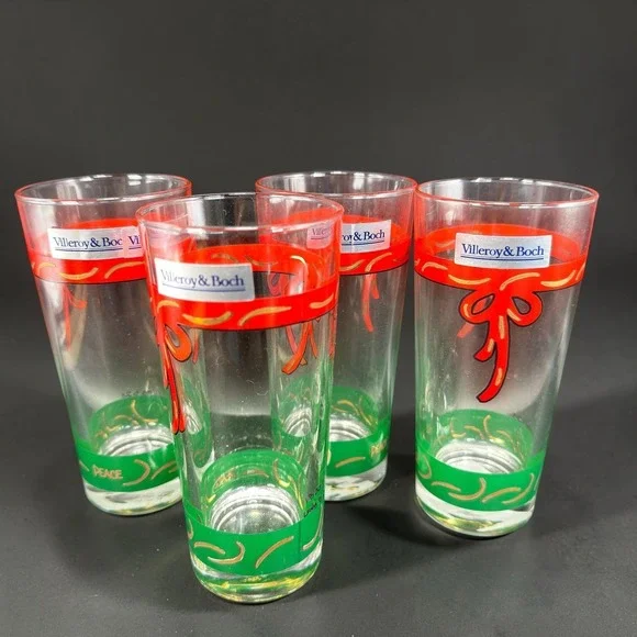 Villeroy & Boch Christmas Highball Glasses Set‎ 4 Red Ribbon Green France NEW