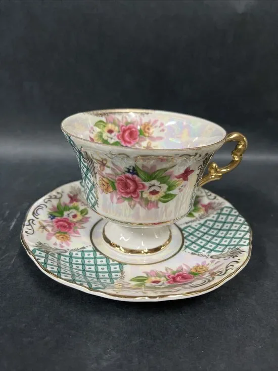 VTG L M Royal Halsey Very Fine Teacup & Saucer Floral Pink Green Gold Iridescent