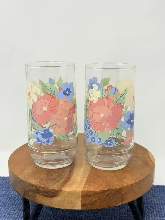 Set of 2 Multicolor Floral Pattern Glass Drinking Tumblers Decorated Design