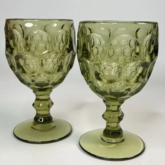 Vtg Lot 2 Imperial Glass Provincial Thumbprint Avocado Verde Green Goblets