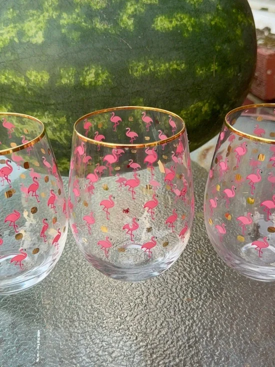 Stemless Wine Glasses with Pink Flamingo and Gold Dot Accents