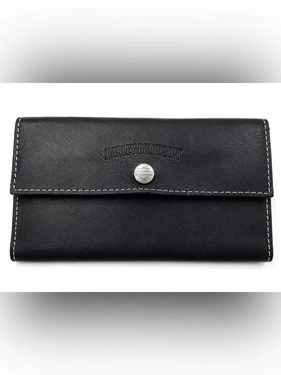 Vintage Y2K Harley-Davidson Leather Clutch Wallet Biker Black
