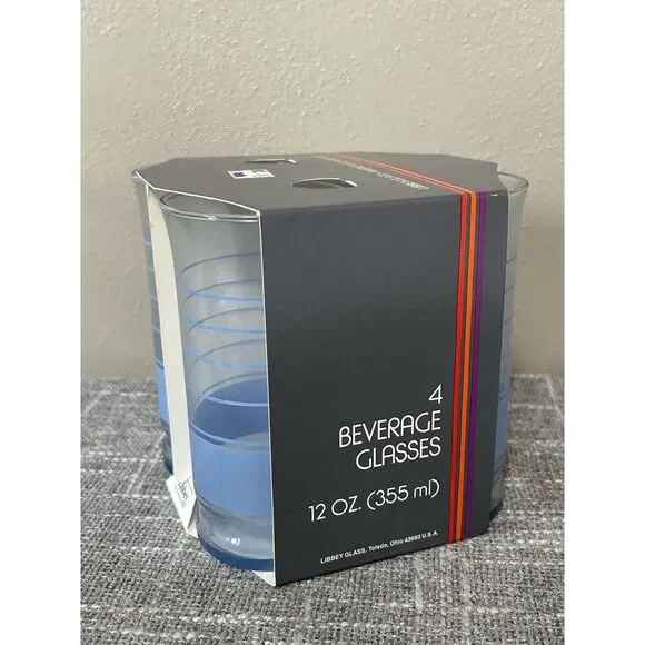 Vintage Libbey‎ Beverage Glasses Blue Stripe Set of 4 New 12 oz Each Tumbler