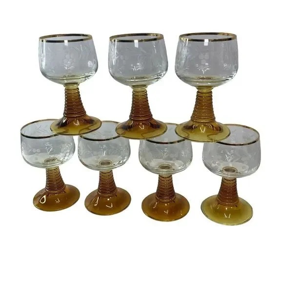7 Roemer Amber Brown Beehive‎ Etched Grapes Gold Trim Wine Glasses Vintage