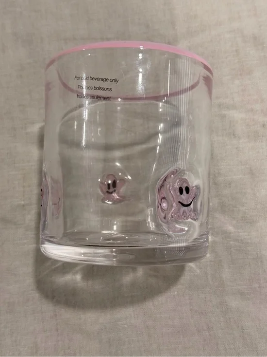 Clear Glass Halloween Tumbler with Pink Smiley Ghost Accents