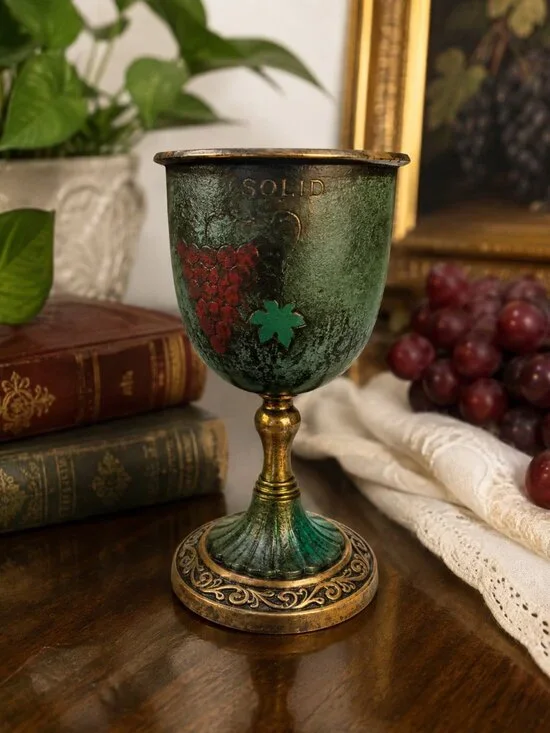 Vintage IVANROS Tijuana Mexico Metal Chalice Goblet Green Gold Grape Patina