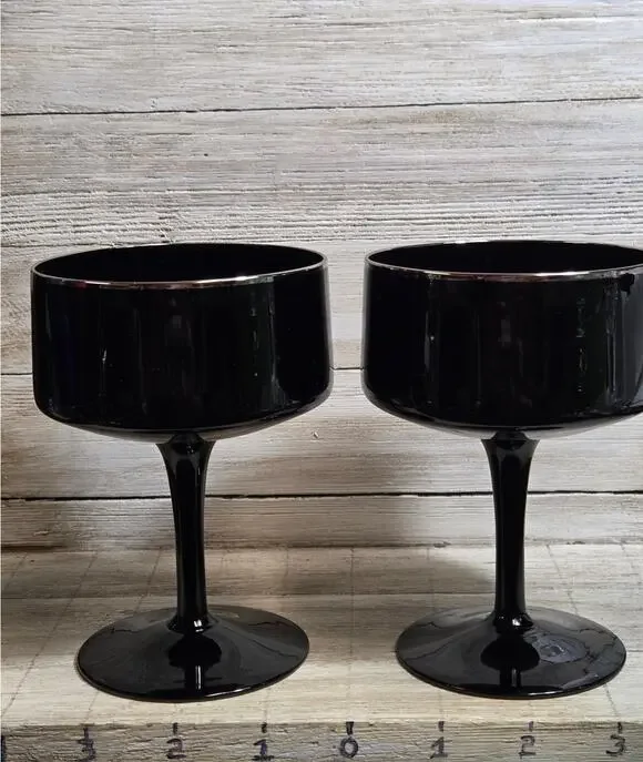 Lenox Venture Black Champagne Sherbet Glasses Pair Platinum Rim Vintage USA