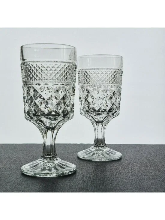Vintage Anchor Hocking Wexford Goblet Set of 2, Criss Cross Pressed Glass, USA