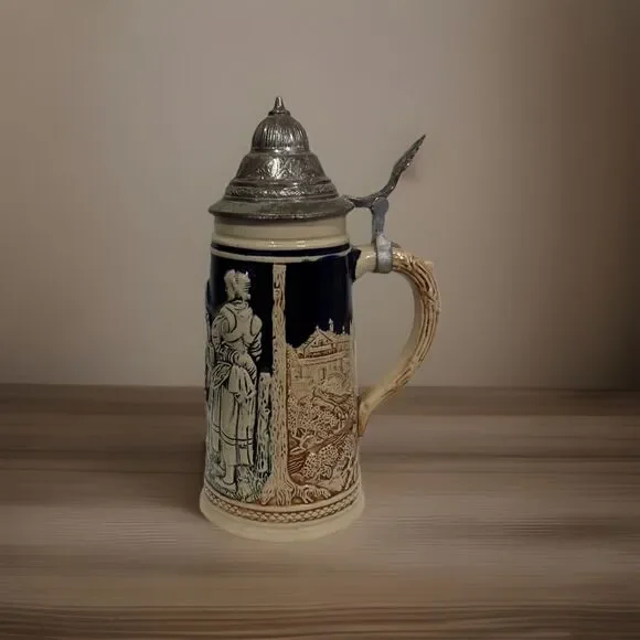 Vintage German Beer Stein Pewter Lid Made in Germany Relief Scene Ceramic Mug