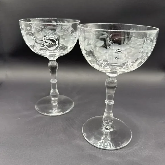 Set Of 2 Vintage Etched (Floral) Crystal Sherry Wine Cocktail Glasses 6”