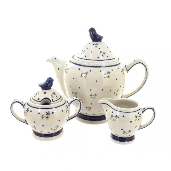Blue Rose Polish Pottery Country Meadow 3 PC Coffee Pot Set with Bird Topper