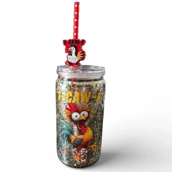 F-CAW-F Chicken 16oz Double-Walled Acrylic Glitter Tumbler with Straw Buddy
