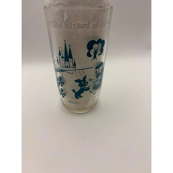 Vintage Wizard of Oz‎ Toto Teal Blue Glass Tumbler Wavy Bottom S&Co