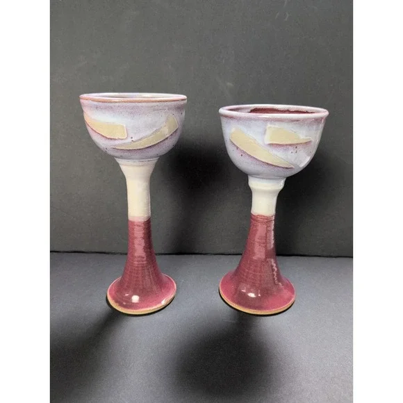 Set 2 Studio Art Pottery Goblet Chalice Wine Glass Cream Maroon Glazed Pedestal