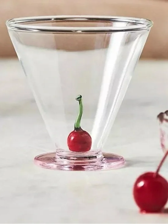 NWT Anthropologie Garnish Stemless Martini Glass Pink Base Cherry 3D Hand Blown