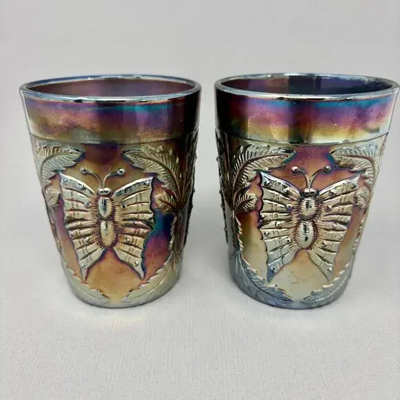 Pair of Antique Fenton Blue Carnival Glass Butterfly & Fern Tumblers Ground Base