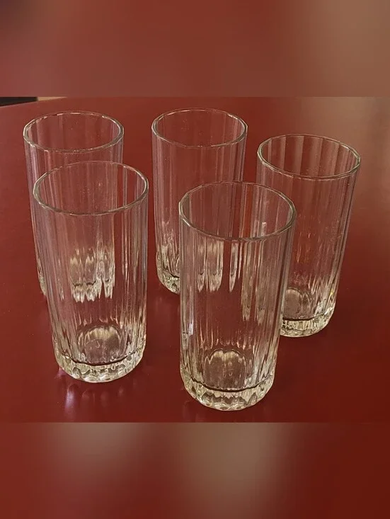 Set Of 5 Ribbed Water Glasses Approximately 6 Inches Tall Glass Vintage