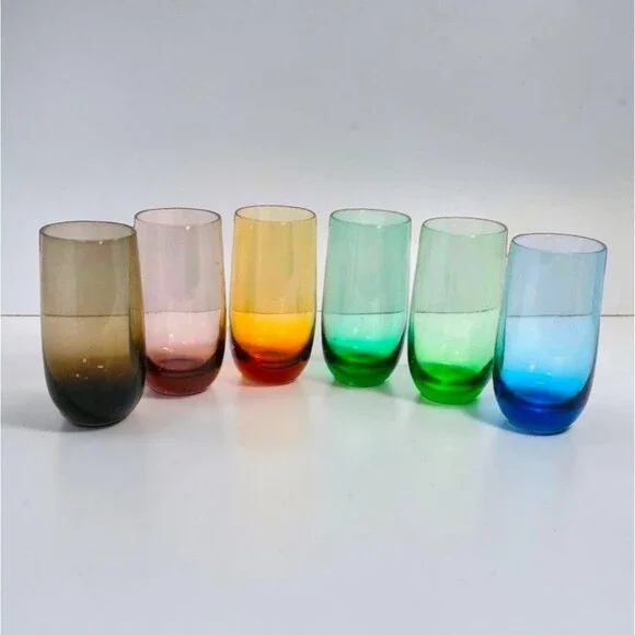 Vintage Set of 6 Multicolored Glass Tumblers 5″ Green Blue Amber Smoky Amethyst