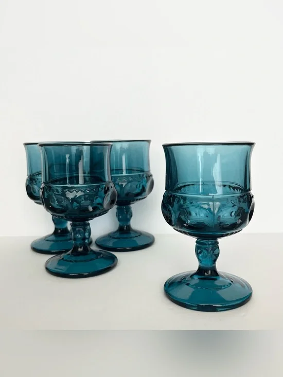 Vintage Indiana Glass Kings Crown Thumbprint Cordial Wine Goblet Teal Blue 4 Pc