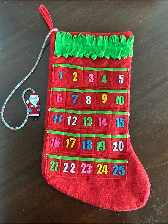 Red Advent Calendar Felt Christmas Stocking with Santa  Holiday Decor READ