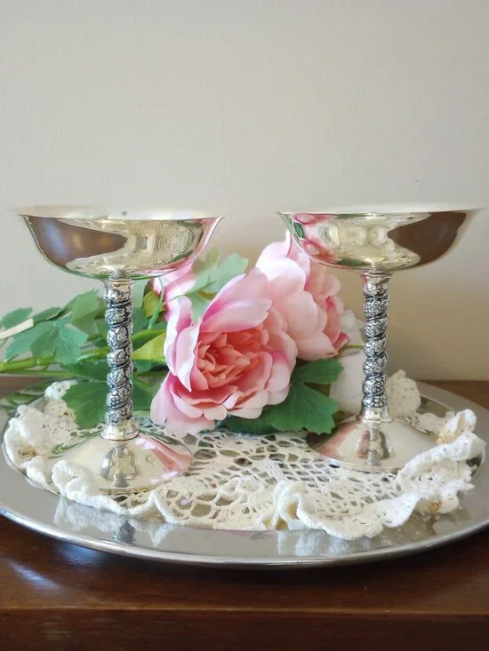 Silver Champagne Coupes Set of 2 Bride Wedding Vintage