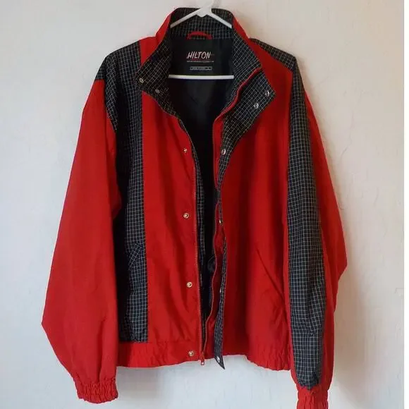 Classic Red Wind Jacket Men sz Large Color Block Elastic Waist Pocket Zip by HC