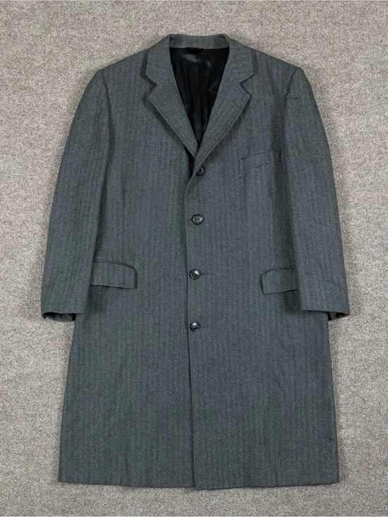 Vintage‎ Grey Herringbone 100% Wool Long Single Breasted Coat Men’s L Overcoat