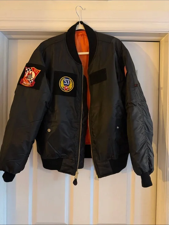 Men's Black Bomber Jacket with Orange Lining and Patch Details
