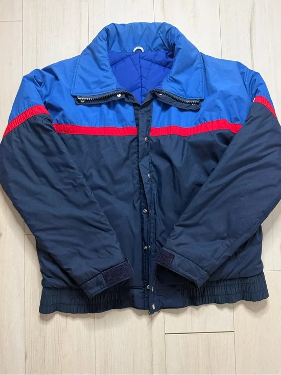 Men's Navy and Royal Blue Puffer Jacket with Red Trim