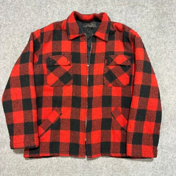 Vintage Cortina Red Black Buffalo Plaid Wool Blend Zip Up Jacket Mens Large