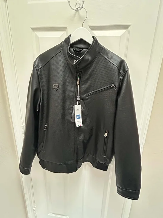 Men's Black Faux Leather Moto Jacket with Zip Pockets