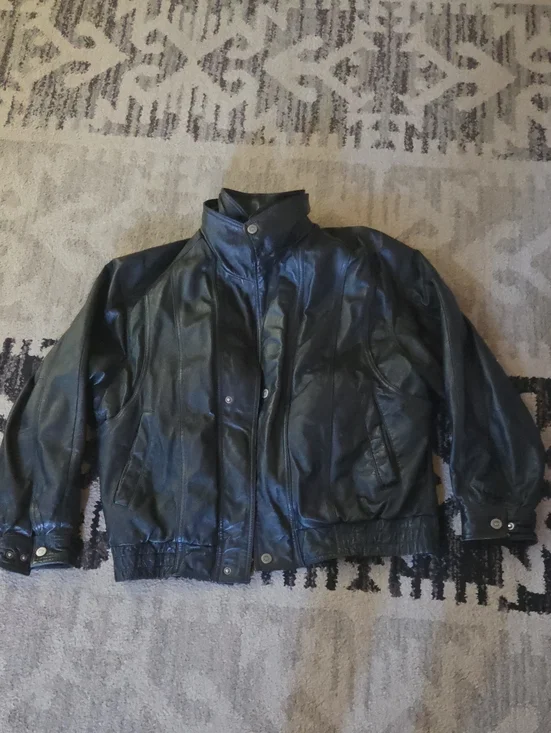 Black Genuine Leather Biker Style Jacket Removable Zip Liner -