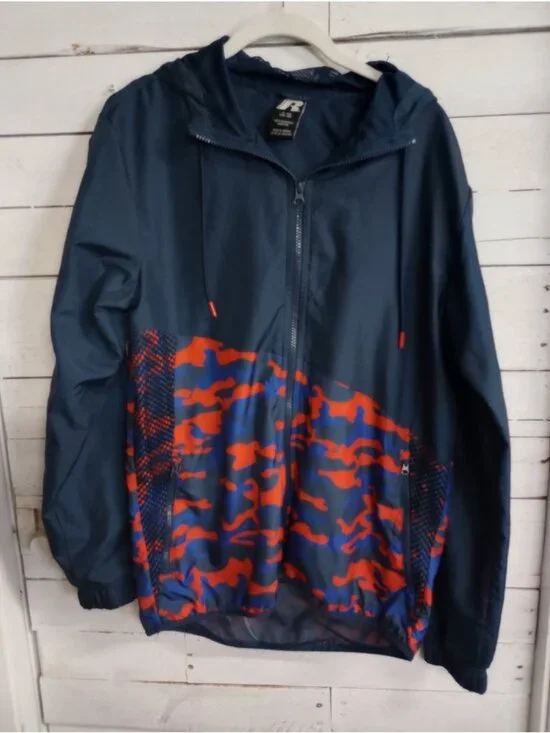 Russell Windbreaker Mens Jacket Small Blue Camouflage Full Zip Up Lightweight
