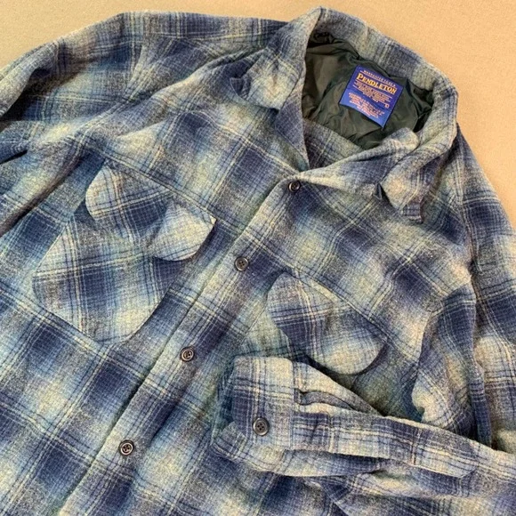 Pendleton Jacket‎ Men LG Blue Wool Shadow Plaid Board Shirt Shacket Loop Collar