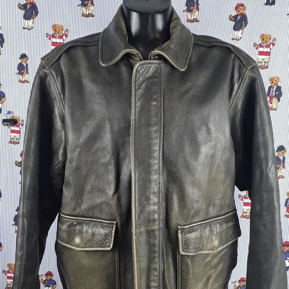 Vintage L.L.Bean flap pocket full zip distressed XL brown leather lined jacket