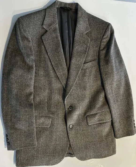 Strathmore Blazer Mens Gray Windowpane Plaid Wool Jacket Sport Coat Preppy Vtg
