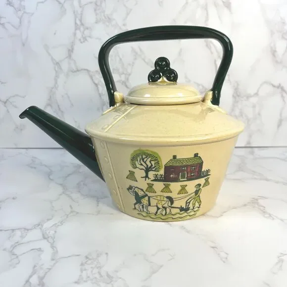 Vintage Metlox Poppytrail Teapot, Handpainted Amish Folk Art California Pottery